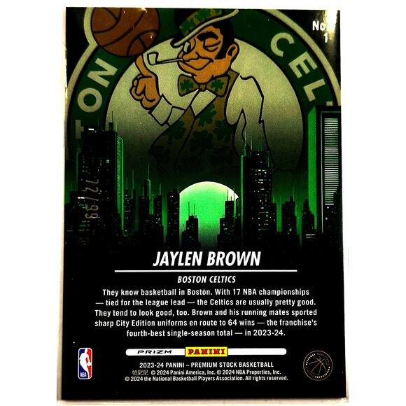 2023-24 NBA Hoops Premium Stock City Edition JAYLEN BROWN #1 Red Disco 72/99 - Picture 2 of 3